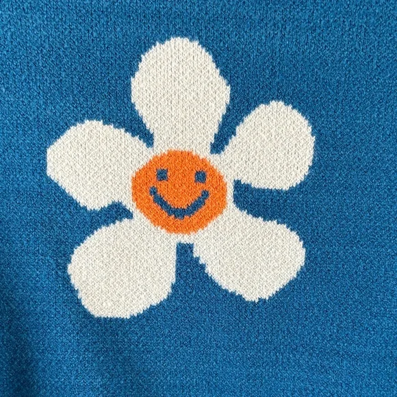 Teal Floral Smiley Cropped Button Cardigan Sweater - Picture 3 of 4